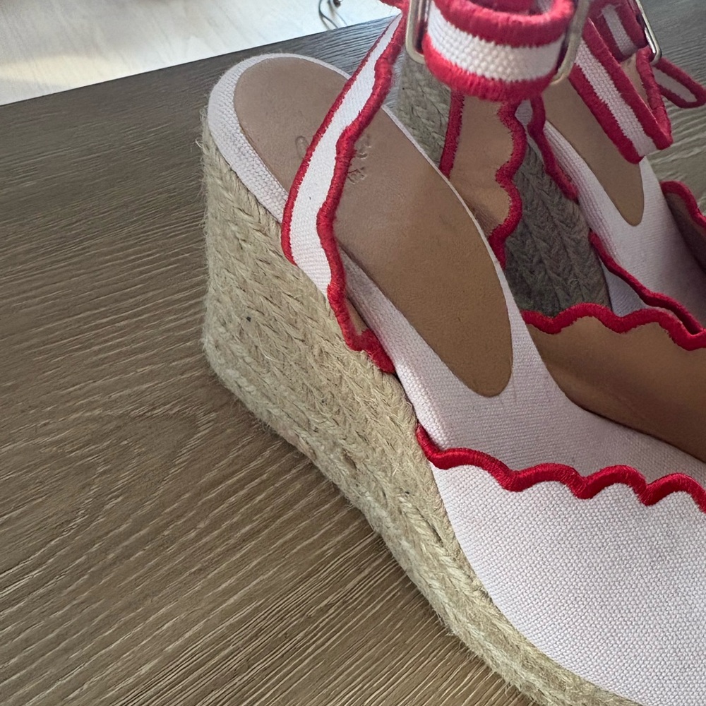 Castaner Pink Espadrille Wedges with Scalloped Red Trim - Picture 6 of 8